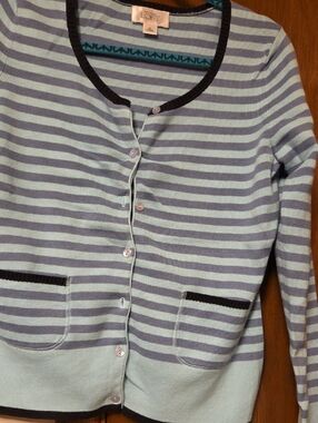 WORN ONCE LOFT Light Blue and Gray Striped Button Cardigan with Black Trim